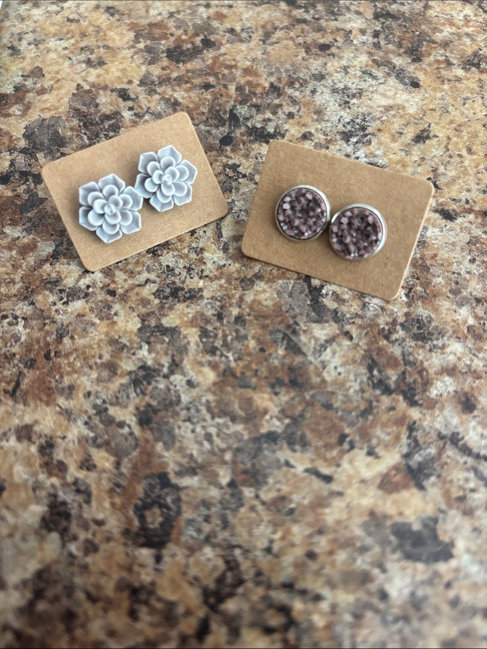 Kids Flower and Glitter Stud Earring Set - White and Brown
